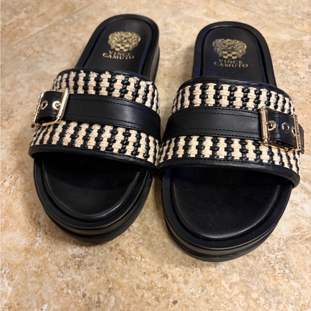 Vince Camuto Black and Cream Woven Slide Sandals - Picture 2 of 4